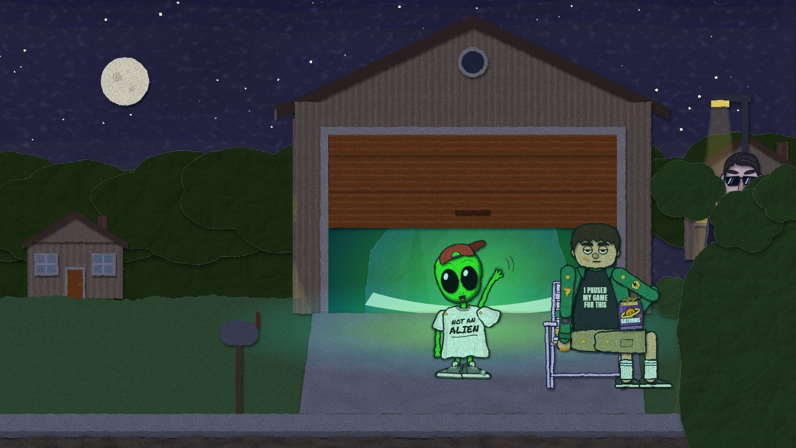 Sam's garage at night: the roll-up door half open, green light spilling out, a three-foot alien in a NOT AN ALIEN t-shirt waving from the driveway, Kevin in a lawn chair with a bag of Cheddar Saturns, and a man in sunglasses watching from the bushes.