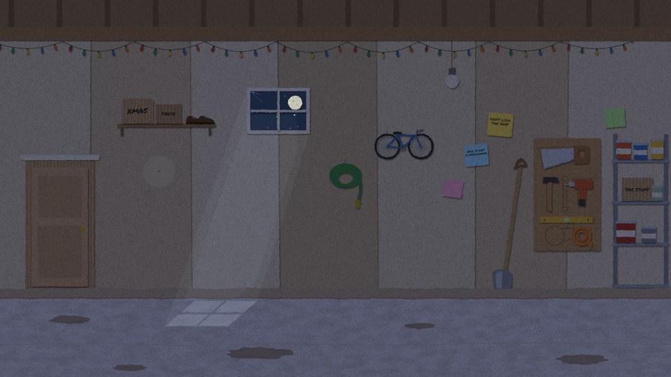Inside a two-car garage at night: a pegboard of tools, a shovel, sticky notes and a bicycle on the wall. No spacecraft.