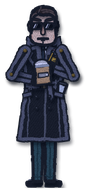 ID photo: a man in a black trench coat and sunglasses, holding a small notebook.