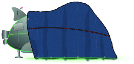A rounded green-grey craft the size of a car, mostly under a blue tarp, green light leaking out along the floor.